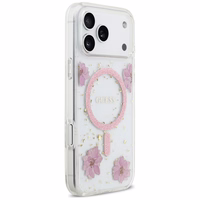 Guess Resin Flowers Glitter MagSafe futrālis iPhone 17 Pro Max rozā krāsā