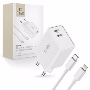 Tech-Protect C35W 2x USB-C PD 35W sienas lādētājs ar USB-C / Lightning kabeli - balts