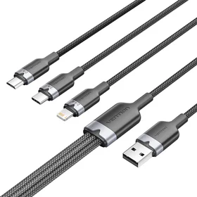 USB 2.0 A spraudnis uz 3-in-1 USB-C, Lightning un Micro-B spraudnis kabelis Vention 3A CTPBG 1.5m