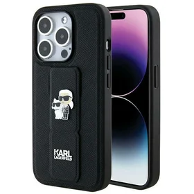 Karl Lagerfeld Gripstand Saffiano Karl&Choupette Pins viedtālruņa apvalks iPhone 14 Pro - melns