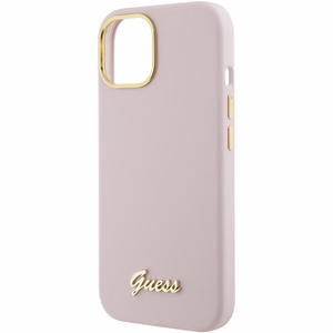 Guess Silikona Script Metal Logo & Frame Viedtālruņa apvalks iPhone 15 - rozā