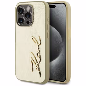 Karl Lagerfeld Wrinkled Metal Signature viedtālruņa apvalks iPhone 15 Pro - zelta