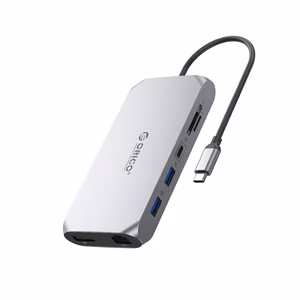 Orico XCR 12in1 USB-C Docking Station 2x USB-A 3.1 1x USB-A 2.0 1x USB-C PD 100W 1x USB-C 3.1 2x HDMI 2.0 4K 60Hz 1x DisplayPort 1.4 4K 60Hz 1x SD 3.0 1x microSD 3.0 1x RJ45 Gigabit Ethernet 1x audio CTIA 3.5mm - Gray