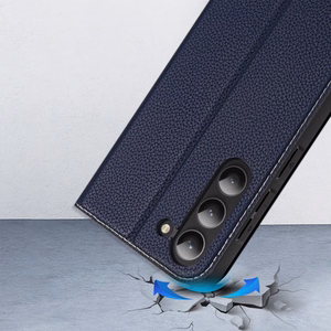 Dux Ducis Skin X2 viedtālruņa apvalks Samsung Galaxy S23+ atverams apvalks ar maku un statīvu zils