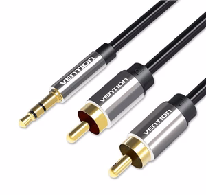 Vention 3,5 mm vticālis – 2xRCA vticālis audio kabelis 2 m, melns, metāla