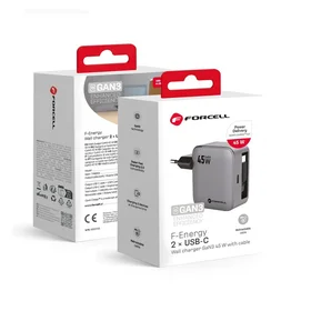 FORCELL F-ENERGY GaN III VT-R5 ceļojumu lādētājs ar izvelkamu kabeli Type C un Type C uzlādes portu PD QC4.0 3A 45W pelēks