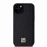 DKNY Ādas monogrammas raksta metāla logotips Magnētiskais viedtālruņa apvalks iPhone 15 Plus / 14 Plus - melna
