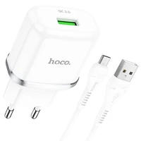 Tālruņa lādētājs Hoco USB A QC3.0 3A 18W + kabelis USB A uz Micro USB N3 balts