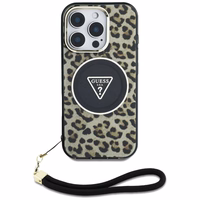 Guess HC IML leoparda trīsstūra auklas siksna MagSafe apvalks iPhone 16 Pro - brūns