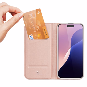 Dux Ducis Skin Pro viedtālruņa apvalks iPhone 16 Pro Max ar atveramu vāciņu un karšu nodalījumu - rozā