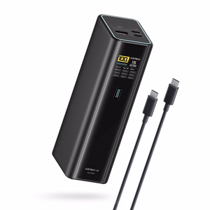 Cuktech PB200U ārējais akumulators 20 000 mAh, 210 W, ar 2 USB-C un USB-A pieslēgvietām, TFT displeju un 240 W USB-C kabeli – melns