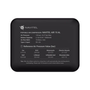 Navitel AIR 15 AL – pārnēsājams gaisa kompresors, līdz 120 PSI / 8.27 bar