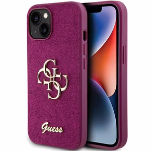 Guess Glitter Script Big 4G maciņš iPhone 15 - violets