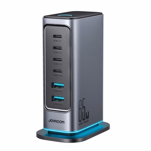 Joyroom JR-TCM02 daudzu pieslēgvietu GaN lādētājs 65W EU 4x USB-C 2x USB-A - tumši pelēks