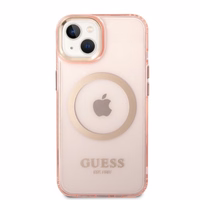 Guess GUHMP14SHTCMP iPhone 14 6.1" rozā cietais viedtālruņa apvalks ar zelta kontūru, caurspīdīgs, magnētiskais (MagSafe)
