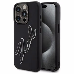 Karl Lagerfeld 3D Gumijas Paraksts viedtālruņa apvalks iPhone 15 Pro - melns
