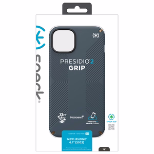 Speck Presidio2 Grip vāciņš ierīcei iPhone 15 Plus / 14 Plus, ar neslīdošu satvērienu, “Charcoal / Cool Bronze / Slate” krāsu kombinācija