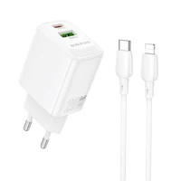 Borofone sienas lādētājs BN27 Fuente - USB + Type C - QC 3.0 PD 20W ar Type C uz Lightning kabeli balts