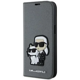 Karl Lagerfeld KLBKP14SSANKCPG iPhone 14 6.1" grāmatas tipa apvalks sudraba Saffiano Karl & Choupette