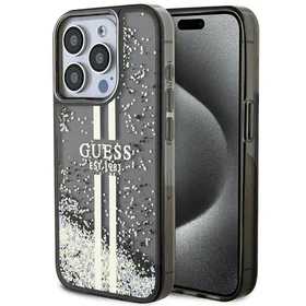 Guess Liquid Glitter Gold Stripes apvalks iPhone 15 Pro Max - melns