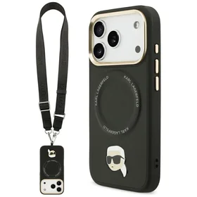 Karl Lagerfeld Big Strap Karl metāla logotipa Magnētiskais viedtālruņa apvalks iPhone 17 Pro Max - melns