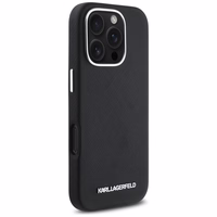 Karl Lagerfeld Saffiano pilnībā pārklāts iegarena metāla logotipa magnētiskais viedtālruņa apvalks iPhone 16 Pro - melns