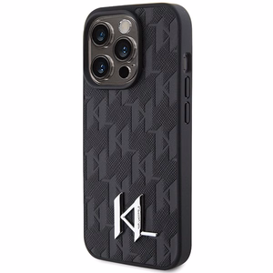 Karl Lagerfeld ādas monogramma karsts zīmogs metāla logotips viedtālruņa apvalks iPhone 15 Pro - melns