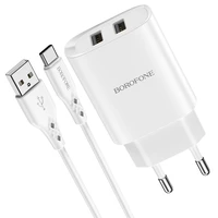 Borofone Sienas lādētājs BN2 Super - 2xUSB - 2,1A ar USB uz Type C balts