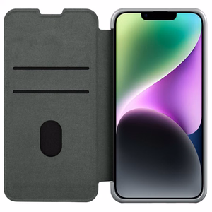 Nillkin Qin auduma apvalks iPhone 14 Plus ar kameras vāciņu un maciņu pelēks