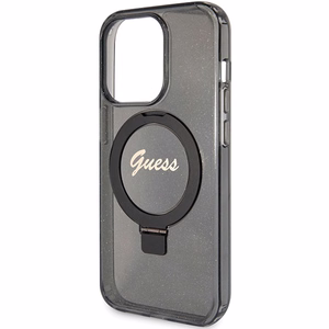 Guess viedtālruņa apvalks ar statīvu Ring Stand Script Glitter magnētiskais iPhone 15 Pro - melns