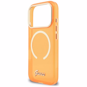 Guess IML Script Metal MagSafe Maciņš for iPhone 17 Pro - oranžs