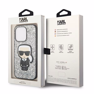 Karl Lagerfeld KLHCP14LGFKPG iPhone 14 Pro 6.1 cietais viedtālruņa apvalks sudraba mirdzošas pārslas Ikonik