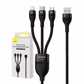 3in1 USB kabelis Baseus Flash Series, USB-C + micro USB + Lightning, 100W, 1.2m (melns)