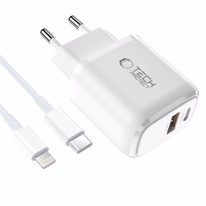 Tech-Protect NCA20 PD 20W QC3.0 USB-A / USB-C sienas lādētājs + USB-C / Lightning kabelis 100cm - balts