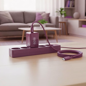 Bordo krāsas 60 W sienas lādētājs Forcell F-Energy GaN III Crystal Color VT-60, 2 × USB-C, AVS/PPS, ar 1 m 60 W silikona USB-C–USB-C kabeli