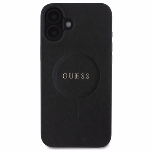 Guess Saffiano Classic Logo Magnētiskais viedtālruņa apvalks iPhone 16 - melns