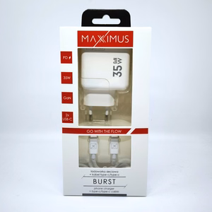 Sienas lādētājs MX BURST GaN PD 35W, 2xUSB-C + C/C PD kabelis 65W balts