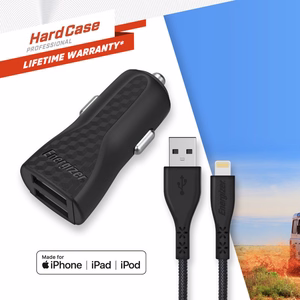 Energizer HardCase DC2CLLIM auto lādētājs, 2 × USB-A, 17 W / 3,4 A, ar MFi sertificētu Lightning kabeli, melns