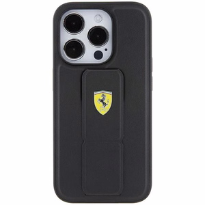 Ferrari Grip Stand Metal Logo apvalks iPhone 15 Pro – melns