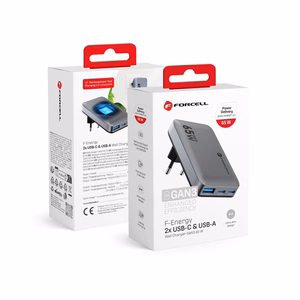 FORCELL F-ENERGY GaN III VT-47 īpaši plāns ceļojumu lādētājs 2 x Type C + USB A PD QC4.0 4A 65W pelēks