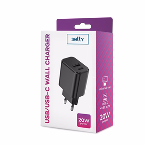 Setty lādētājs 1x USB + USB-C 3A 20W melns