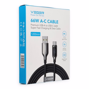 Kabelis ar LED displeju, USB A uz Type C, VEGER PD 3A 66W, AC1-XHJ, 1,2 m, melns
