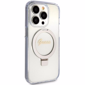 Guess viedtālruņa apvalks ar statīvu Ring Stand Script Glitter magnētiskais iPhone 15 Pro - caurspīdīgs