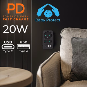 Maclean MCE249 F/B – elektrības kontaktligzdu sadalītājs, 2 kontaktligzdas, 4 USB porti: 2×USB-A un 2×USB-C PD 20 W, 1×16 A + 1×6 A
