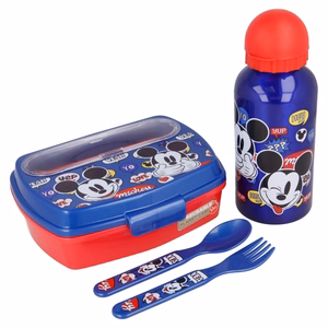 Mickey Mouse pusdienu kārbas komplekts ar 400 ml ūdens pudeli un galda piederumiem