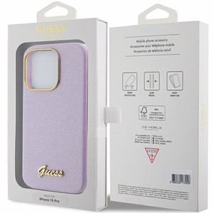 Guess Mirdzošs glancēts uzraksts apvalks iPhone 15 Pro - ceriņkrāsas