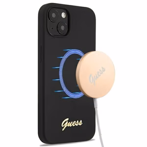 Guess GUHMP13MLSLMGBK viedtālruņa apvalks iPhone 13 6.1" melns cietais silikona ar zelta logotipu MagSafe