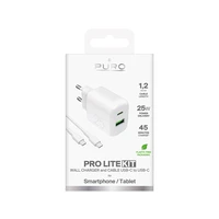 Puro PROLITE 25W USB-A / USB-C sienas lādētājs + USB-C - USB-C kabelis 1.2m - balts