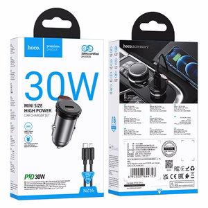 Automobiļa lādētājs Hoco USB C QC PD 30W + kabelis USB C uz Lightning NZ16 metāla pelēks