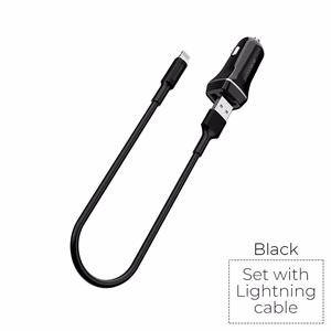 Borofone BZ2 Joyroad automašīnas lādētājs ar 2 USB-A pieslēgvietām, 12 W, ar Lightning kabeli, melns